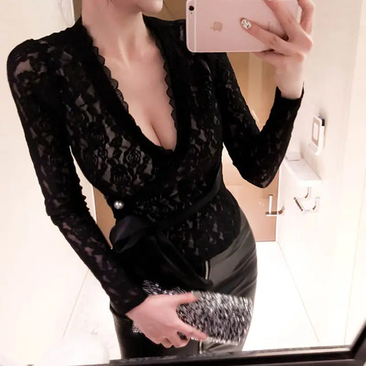 Lace V-Neck Fitted Top with Tie Detail for Elegance
