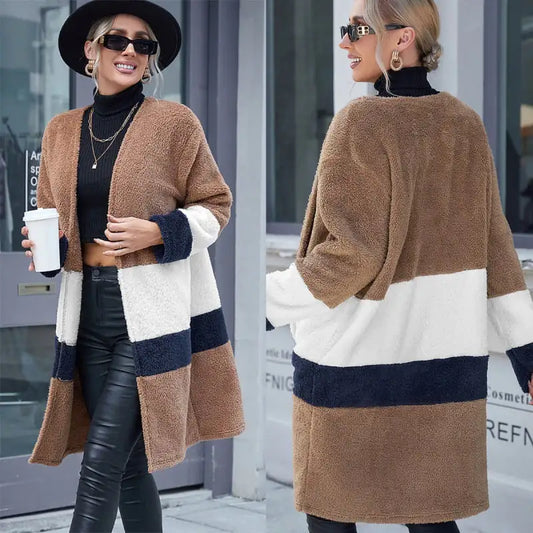Double Sided Color Block Fur Mid-length Cardigan Coat