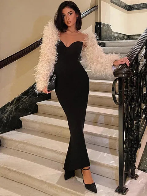 WeiYao Black Backless Bodycon Maxi Dress for Women 2023