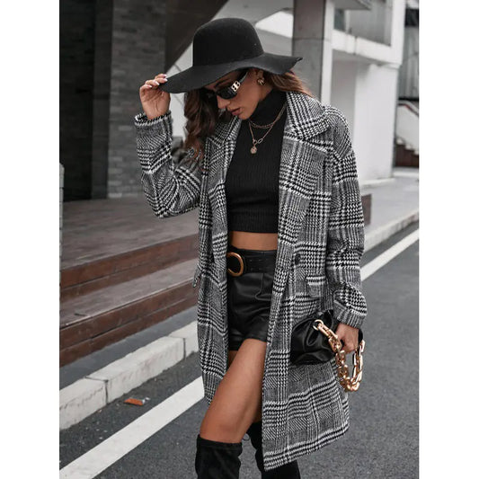 Double-Breasted Long Woolen Coat with Suit Collar