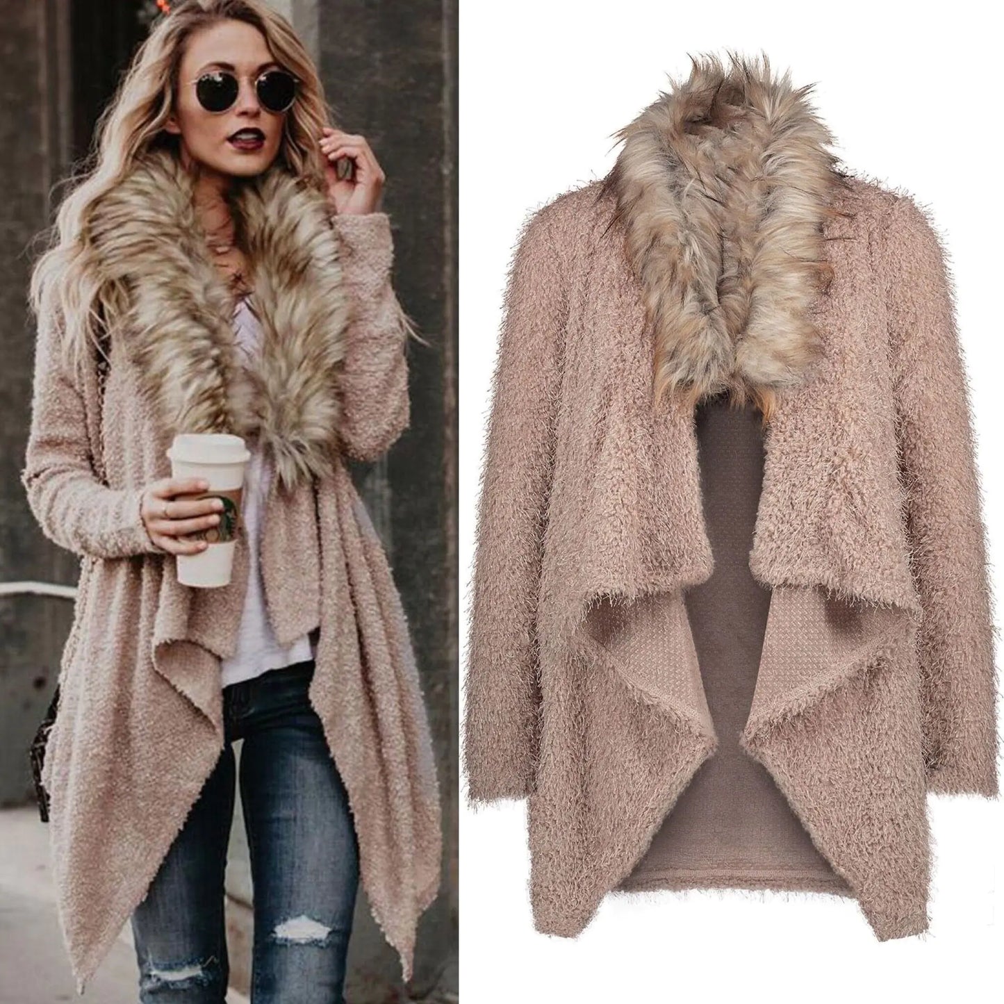 Autumn Spring Plush Coat with Fur Collar Cardigan