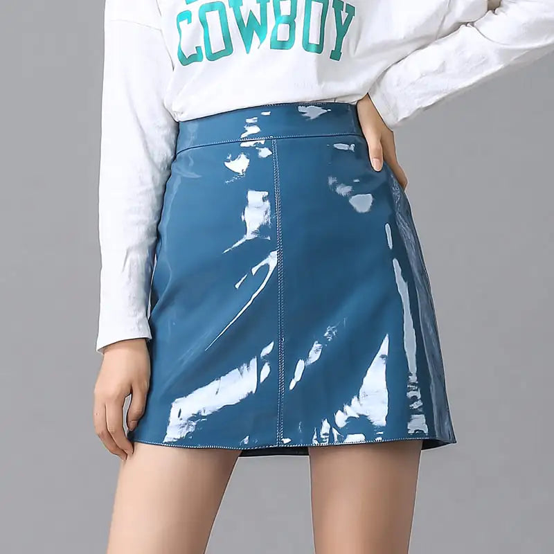 A-Line Patent Leather High Waist Women's Skirt