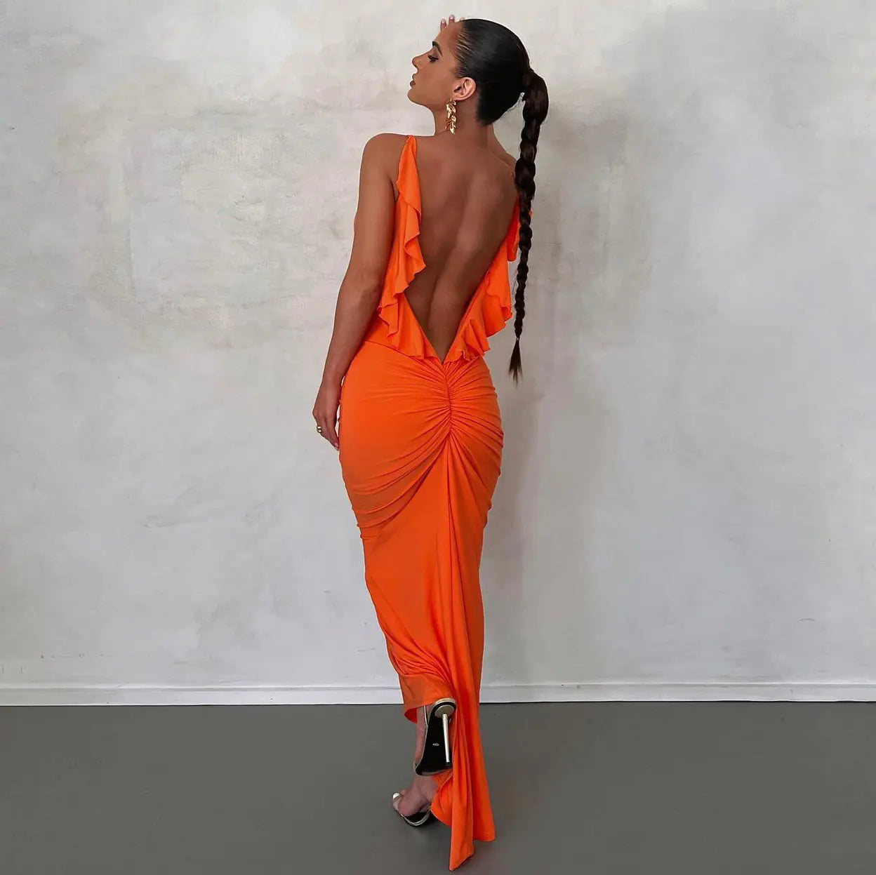 Ruffled Backless Bodycon Dress with V-Neck for Women