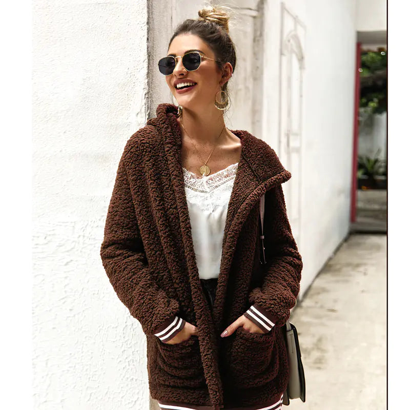 Striped Plush Hooded Coat for Autumn and Winter