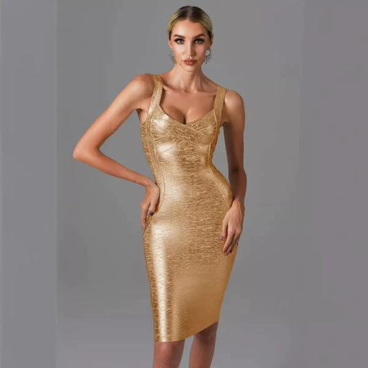 Gold and Silver Foil Bandage Dress - Sleeveless Party Dress
