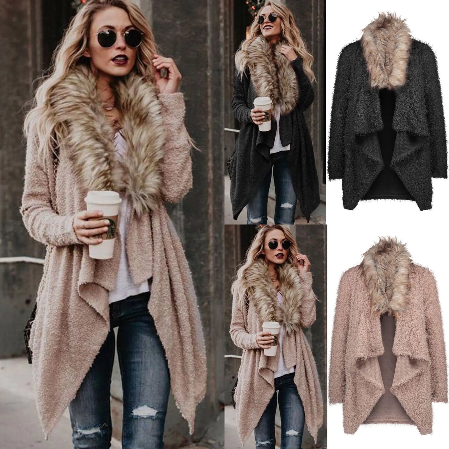 Autumn Spring Plush Coat with Fur Collar Cardigan