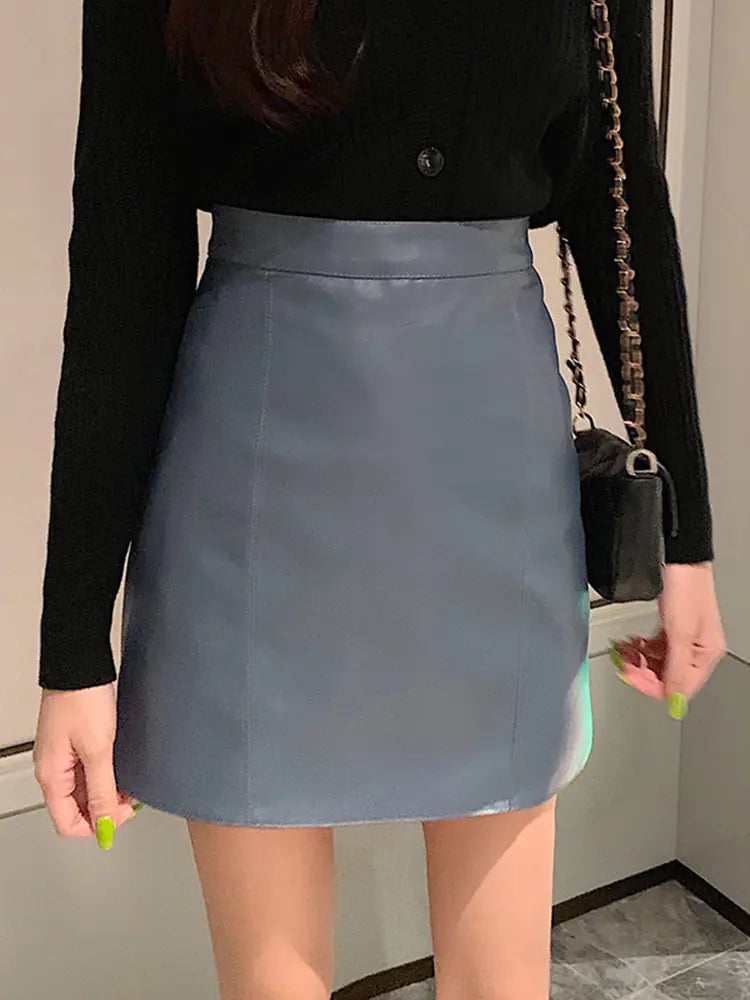 Korean Leather A-line High Waist Skirt - Harajuku Style