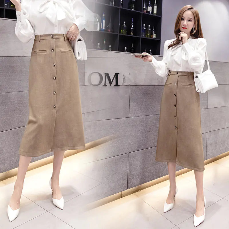 High Waist A-Line Skirt with Slit and Bag Design