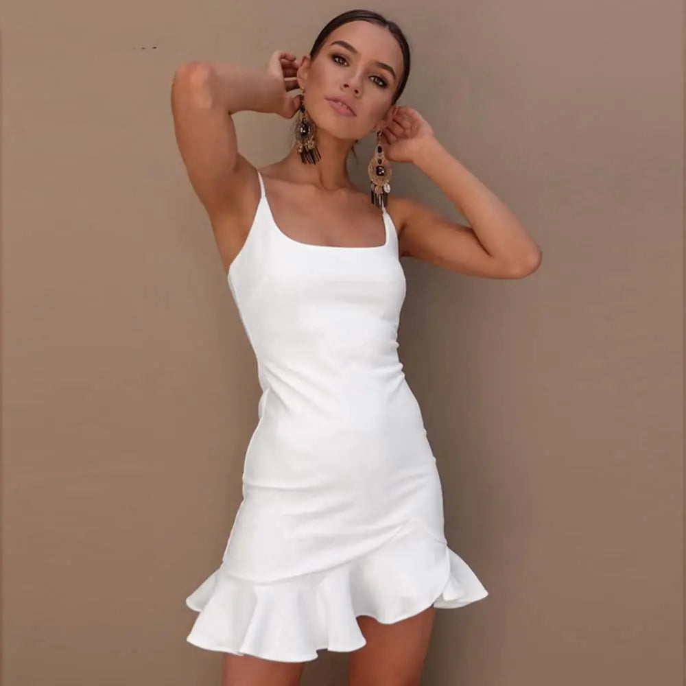 WildPinky Sexy V-Neck Ruffle Strap Bodycon Mini Dress