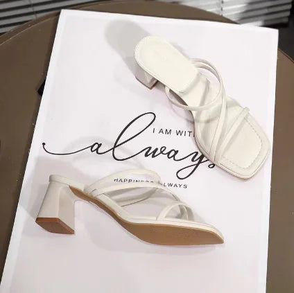 Square Toe High-Heeled Sheep Leather Sandals