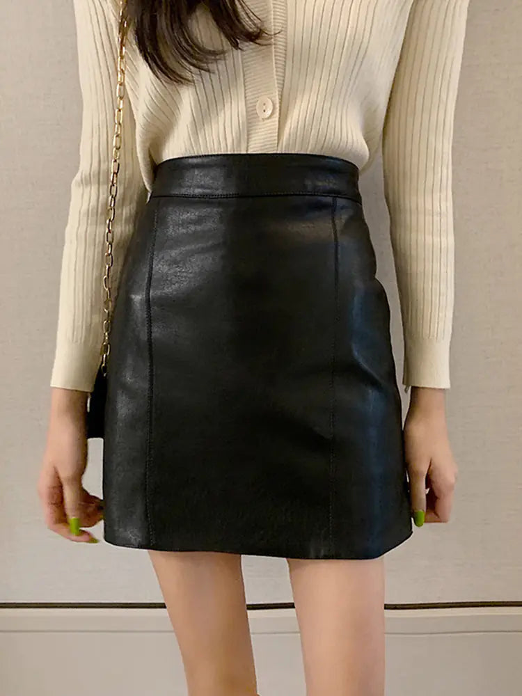 Korean Leather A-line High Waist Skirt - Harajuku Style