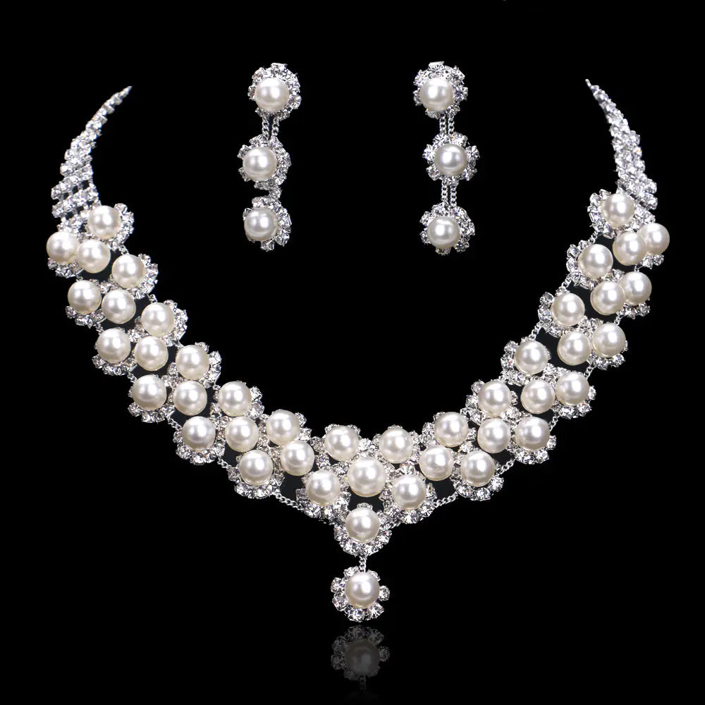 Bridal Pearl Jewelry Set with Classic Diamond Necklace