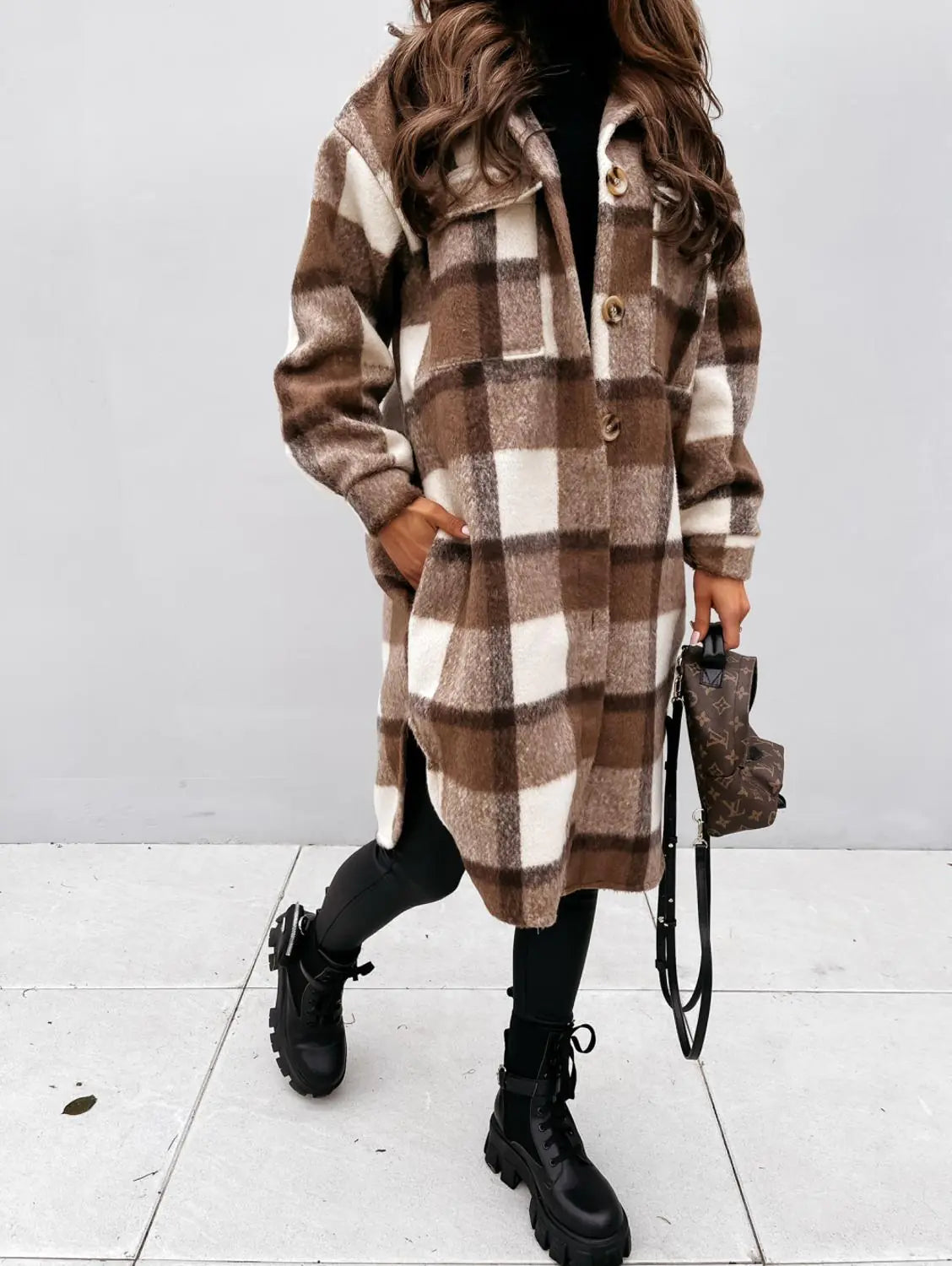 Plaid Long Woolen Coat with Button Lapel for Fall/Winter