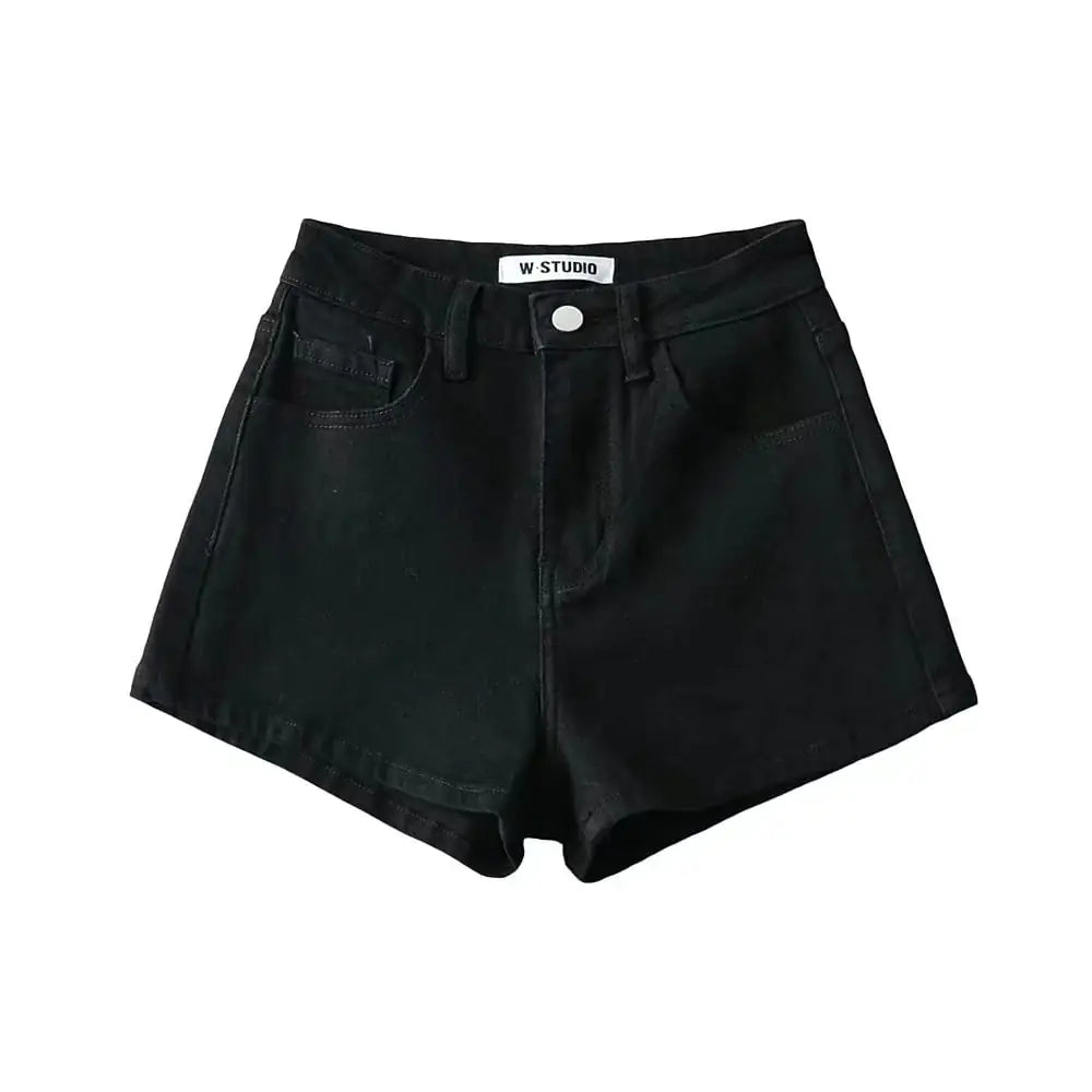 High Waist A-Line Stretch Crimped Denim Shorts