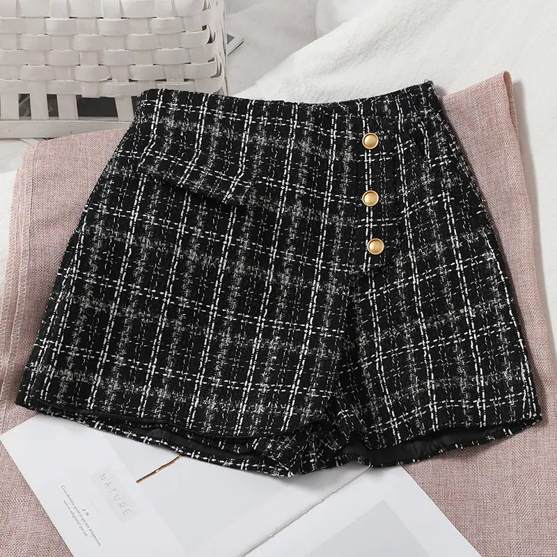 Korean High Waist Tweed Wide Leg Plaid Shorts