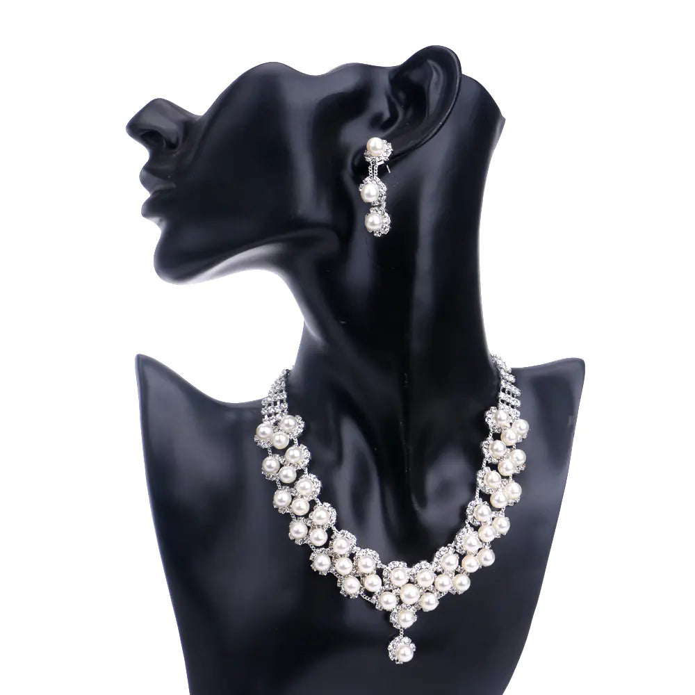 Bridal Pearl Jewelry Set with Classic Diamond Necklace