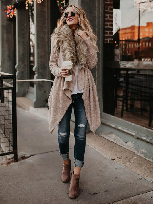 Autumn Spring Plush Coat with Fur Collar Cardigan