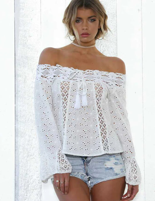 Off-Shoulder Fringed Lace Panel Top