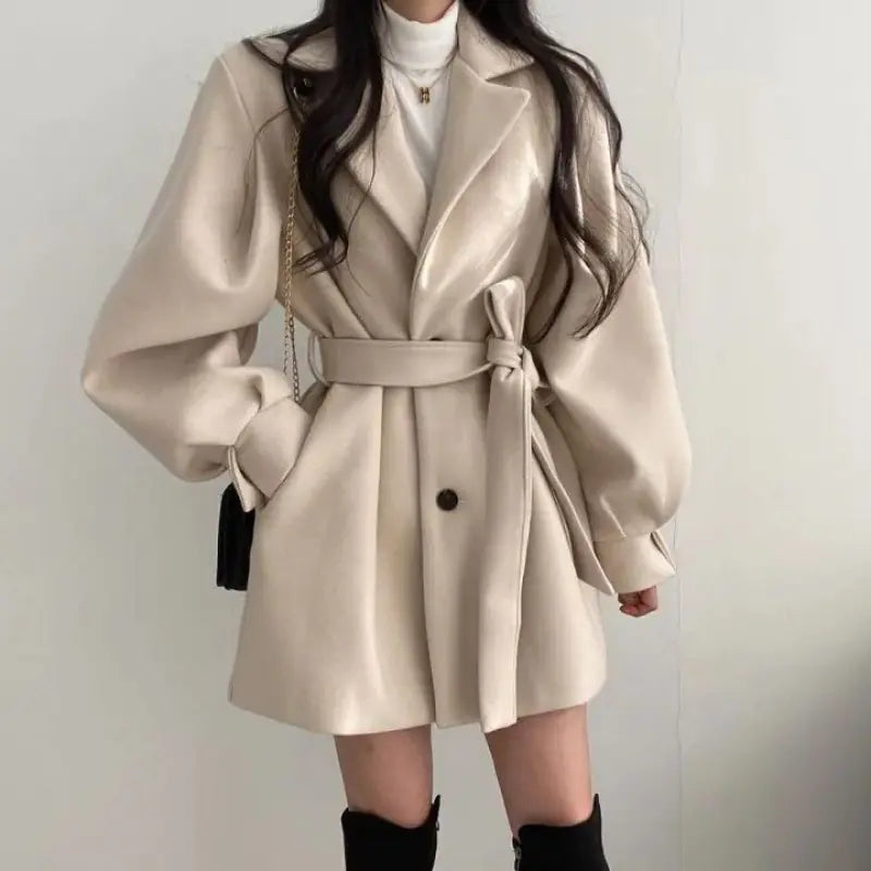 Women's Mid-Length Woolen Wind Coat with Suit Collar