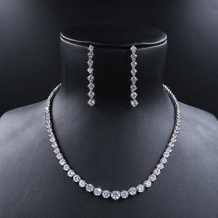 Bride Jewelry Set with Zircon Necklace and Crown Earrings
