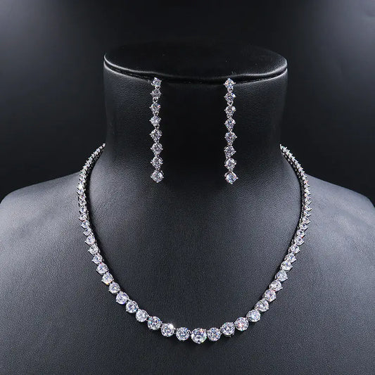 Bride Jewelry Set with Zircon Necklace and Crown Earrings
