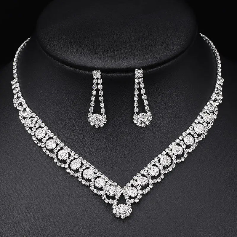 Silver Rhinestone Bridal Jewelry Set: Necklace, Earrings, Bracelet
