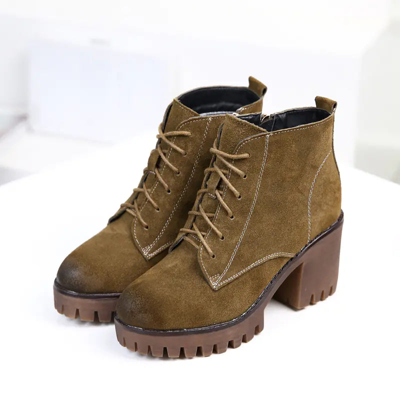 Women's Leather Chunky Heel Short Martin Boots