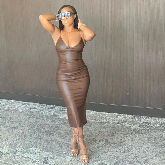 PU Leather V-Neck Bodycon Midi Dress with Slit