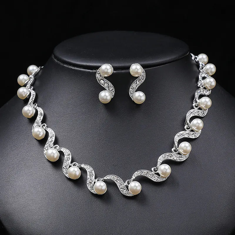Bridal Jewelry Set: Wave Choker & Faux Pearl Earrings