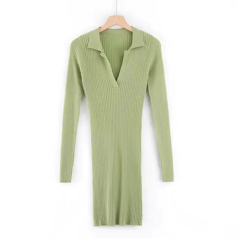 European Autumn Winter Knit Bodycon Dress with Collar