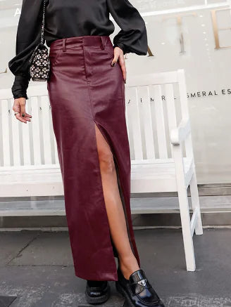 Leona Skirt - Burgundy Leather Straight Midi (One Piece)