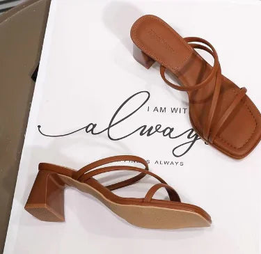 Square Toe High-Heeled Sheep Leather Sandals