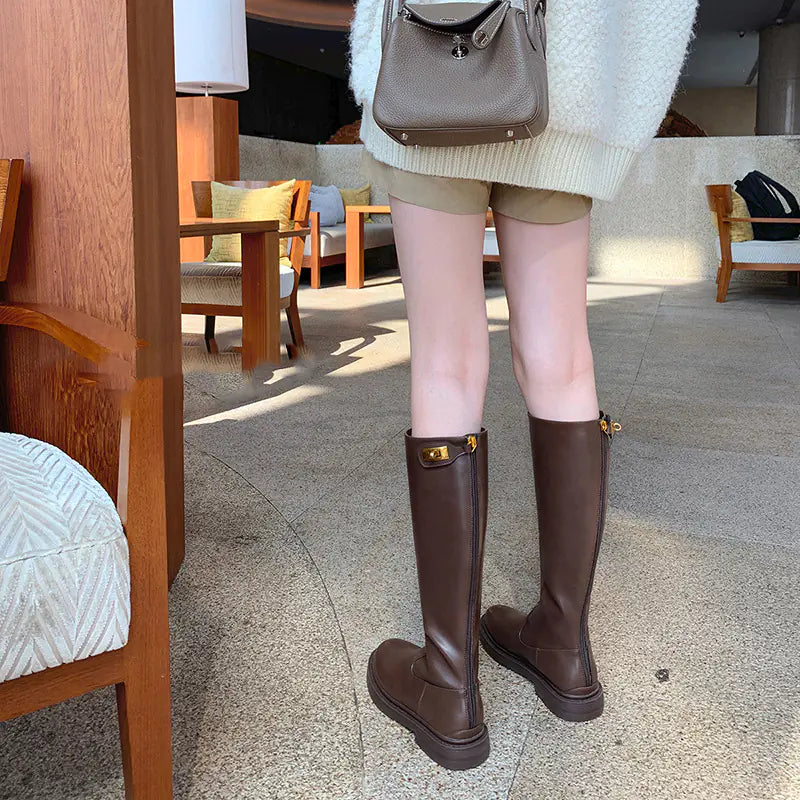 Women's Knee-Length Leather Boots with Back Zipper