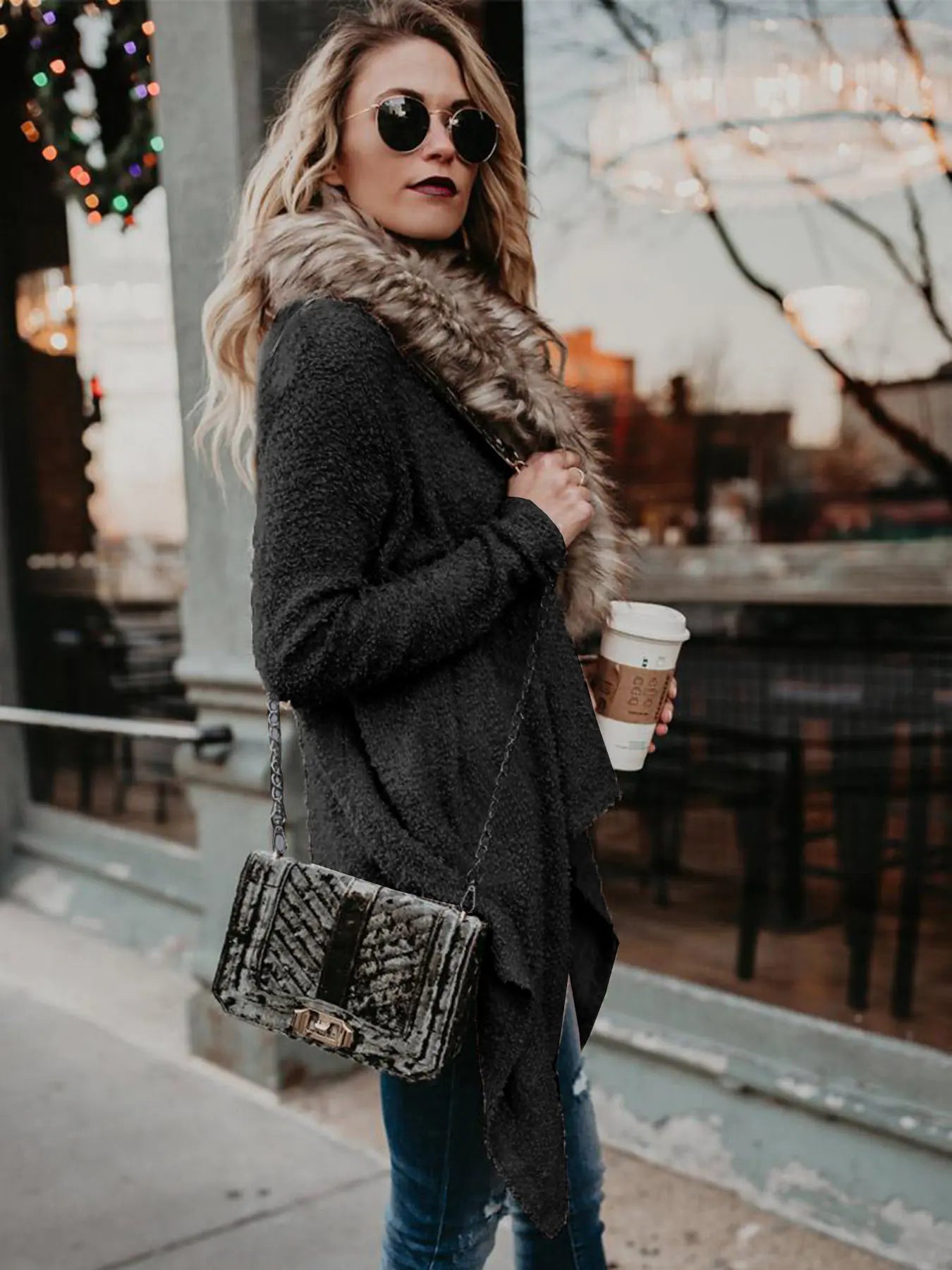 Autumn Spring Plush Coat with Fur Collar Cardigan