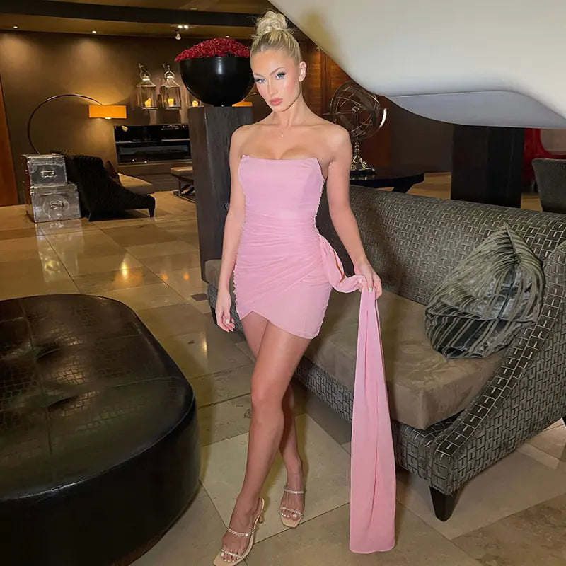 XY23059 Sexy Bodycon Mini Dress with Sheer Ribbons