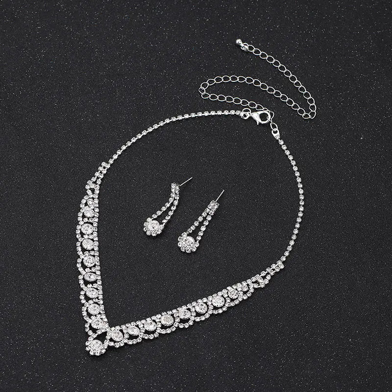 Silver Rhinestone Bridal Jewelry Set: Necklace, Earrings, Bracelet