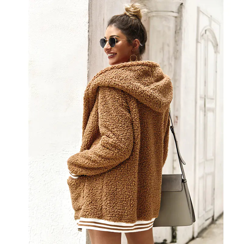 Striped Plush Hooded Coat for Autumn and Winter