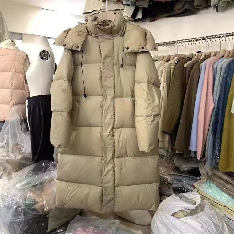 Cream Mid-Length Down Jacket for Women - High-End Winter Coat