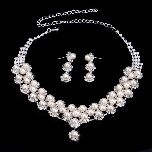 Bridal Pearl Jewelry Set with Classic Diamond Necklace
