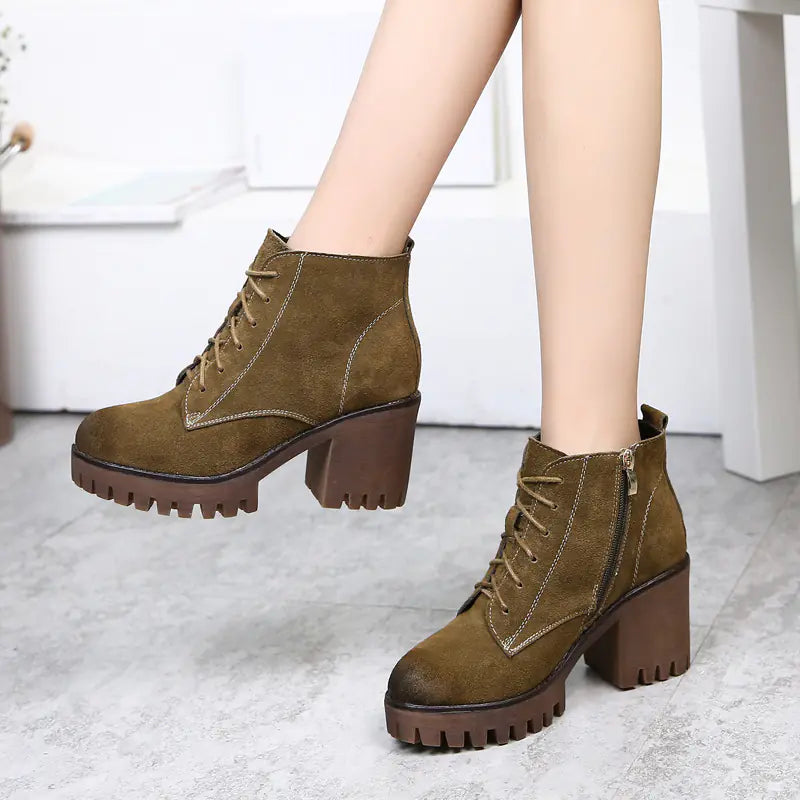 Women's Leather Chunky Heel Short Martin Boots