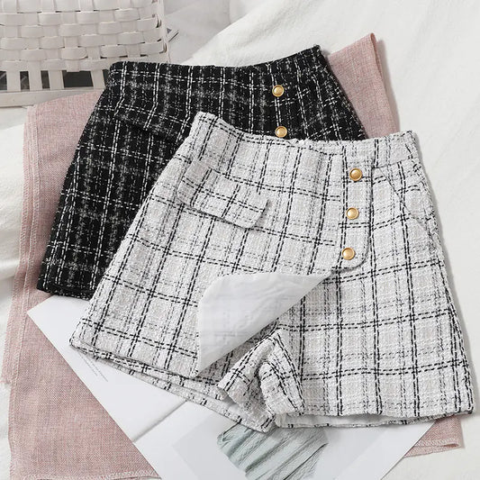 Korean High Waist Tweed Wide Leg Plaid Shorts