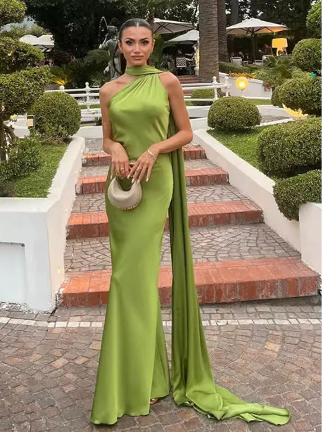 Spring Summer Solid Color Satin Neck Strap Dress