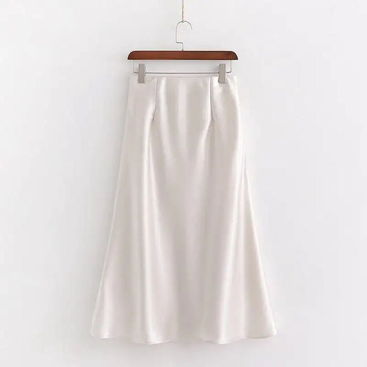 Elegant High Waist White Silk A-line Midiskirt for Women