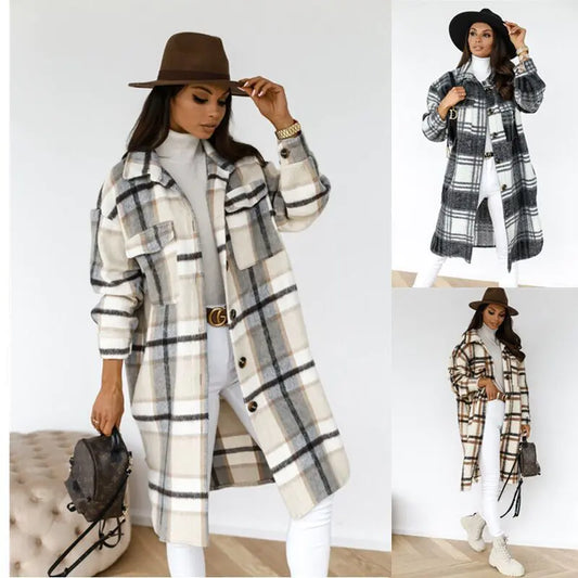 Plaid Long Woolen Coat with Button Lapel for Fall/Winter