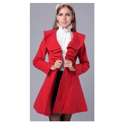 Slim Long Ruffled Woolen Coat for Women in Autumn/Winter