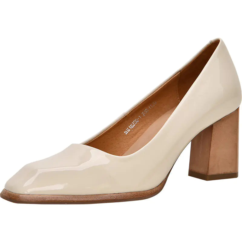 Women's Ivory Patent Leather Chunky Heel Pumps