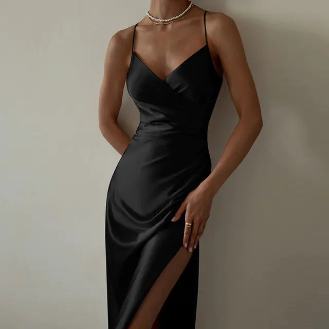 2021 Women's Summer Satin High Slit Evening Dress