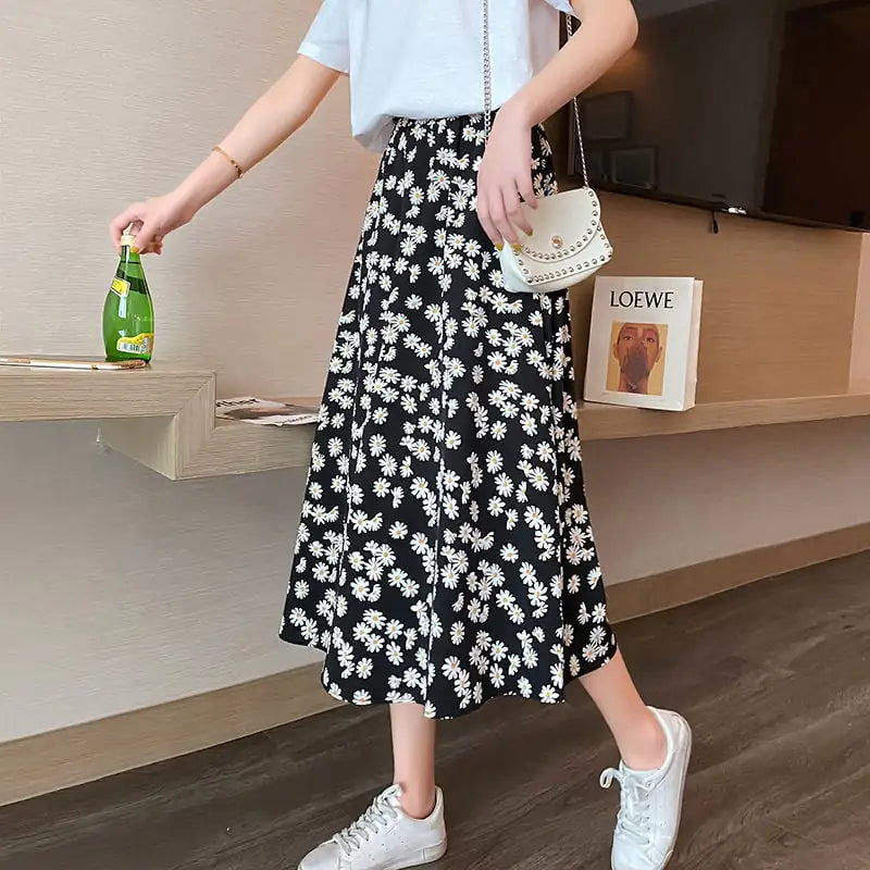 High Waist Chiffon Daisy A-line Dress with Drape