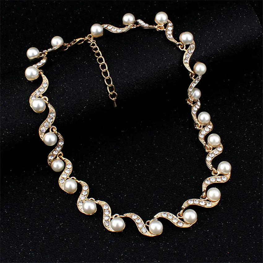 Bridal Jewelry Set: Wave Choker & Faux Pearl Earrings