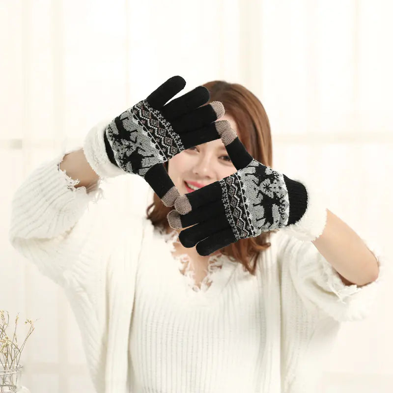 Touchscreen Gloves, Double-Layered Warm Knitted Mittens